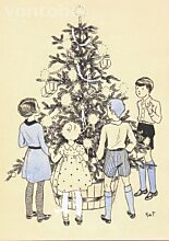 Vier Kinder um einen Weihnachtsbaum